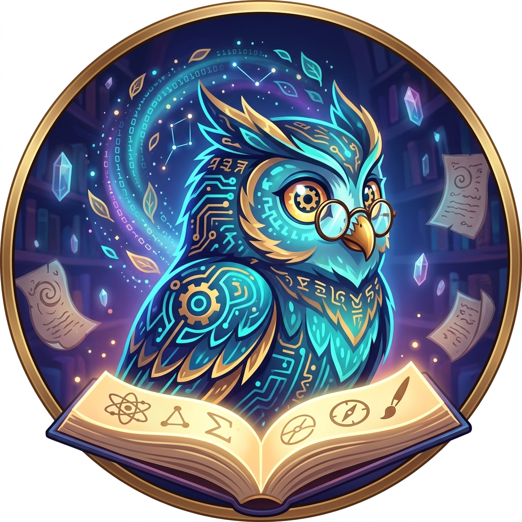 Intricate digital illustration of a wise owl with glasses reading a glowing book